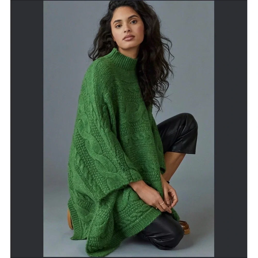 Anthropologie Grass Green Cable Knit Poncho Sweater Mock Neck Oversized Cape M/L
